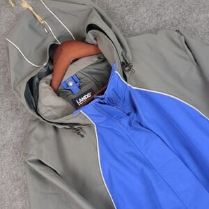 Lands End 3X Jacket Gray Blue Hooded Zip Front Lined Outdoor